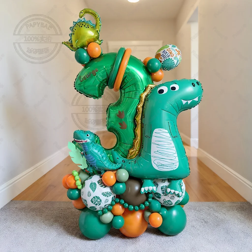 58 قطعة برج بالون الديناصور الأخضر الكرتوني مع 1-9 بالون أرقام خضراء لصبي ديناصور تحت عنوان حفلة عيد ميلاد لتقوم بها بنفسك زينة #3
