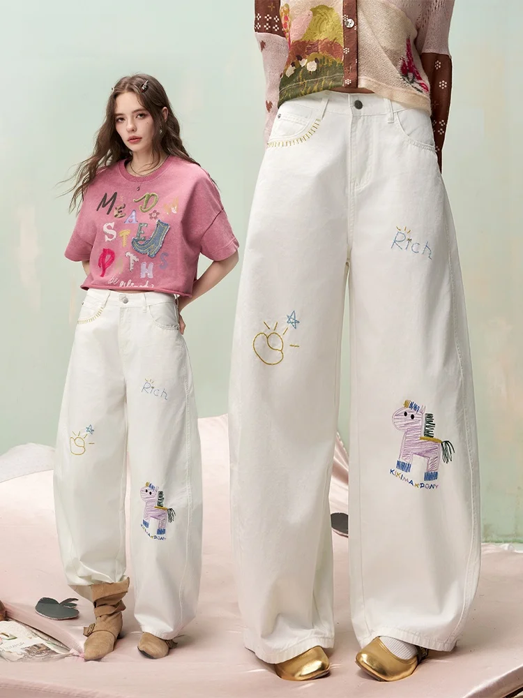 

Romantic Monologue Embroidered Wide Leg Jeans Women's Casual Spring Summer Loose Fit Jeans Knife Pants by Elf Sa