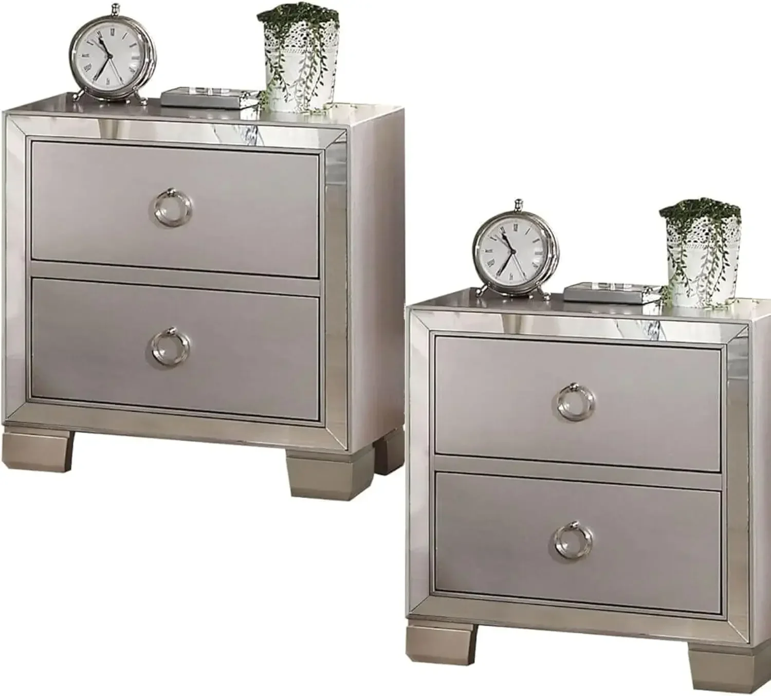 Mirrored Nightstand Dresser Set of 2 Silver with 2 Drawers and Round Ring Handle, Modern Mirrored Bedside Tables