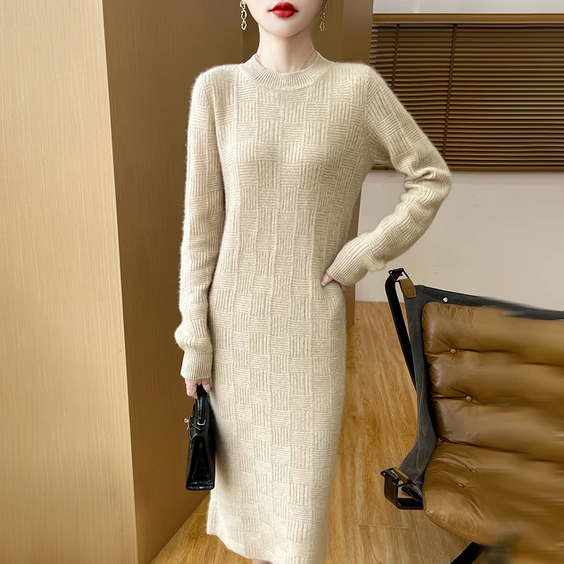 Round Neck Wool Dress French Fashion AutumnWinter Long Sleeved Solid Color Jacquard Pullover Skirt100%MerinoPure Wool Knit Dress