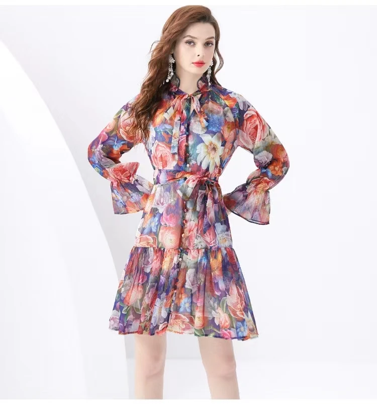 

Chiffon Flare Sleeve Dress 2024 Summer Women Floral Bow Ruffled Mini Holiday Sexy Party Club Summer