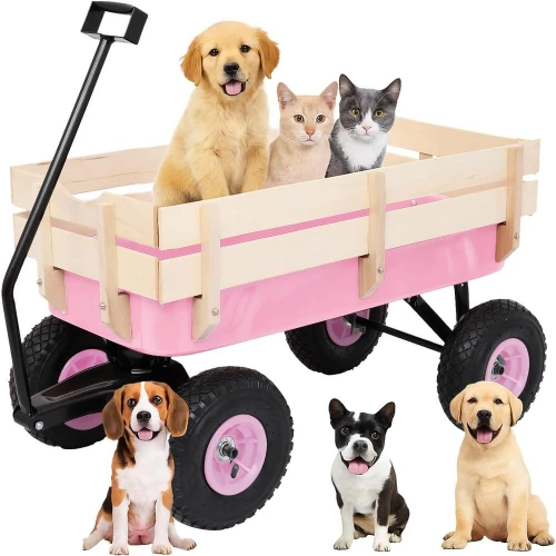 

All-Terrain Cargo Wagon with 10'' Air Tires, Steel Structure Wagon with Removable Wooden Side Panels or Kids, Garden and Cargo,