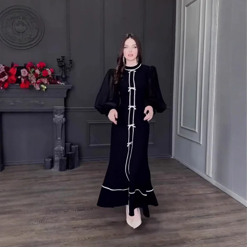 秋の新作リボン飾り付き白黒パッチワークエレガントハーフハイカラーロングドレス