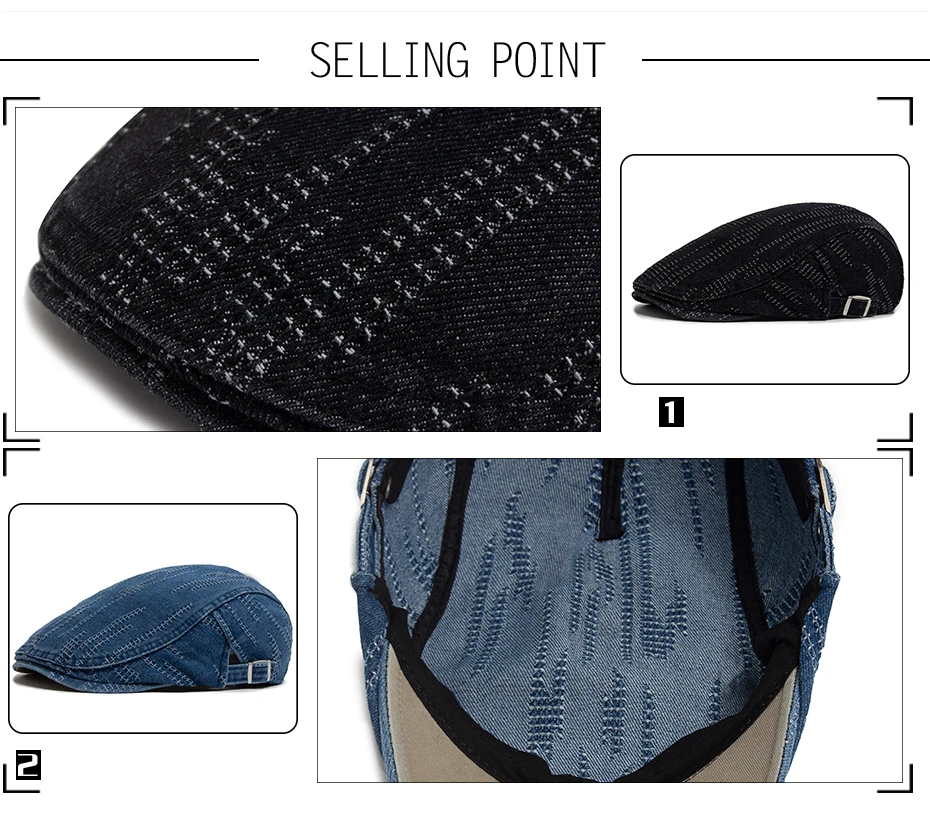 Denim Vintage Berets Männer Frauen Zeitungsjunge Mütze Sommer Casual Baumwolle Einlagige Visier Flachen Hut Herbst Retro Zerrissene Baskenmütze Unisex – Detail 2