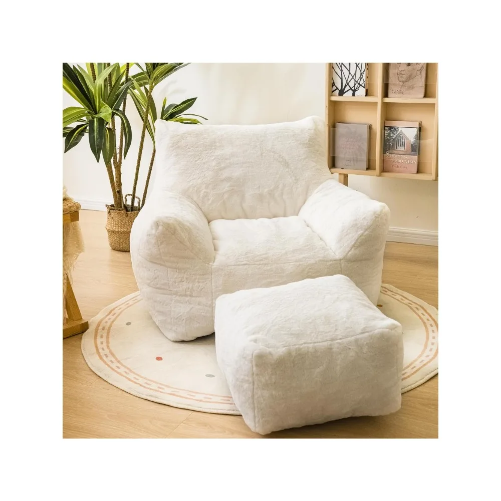 Armrest Bean Bag Chair with Filler, Ultra Soft Fluffy Faux Fur Bean Bag Chair with Foot Rest, Plush Lazy Sofa with Foot Stool