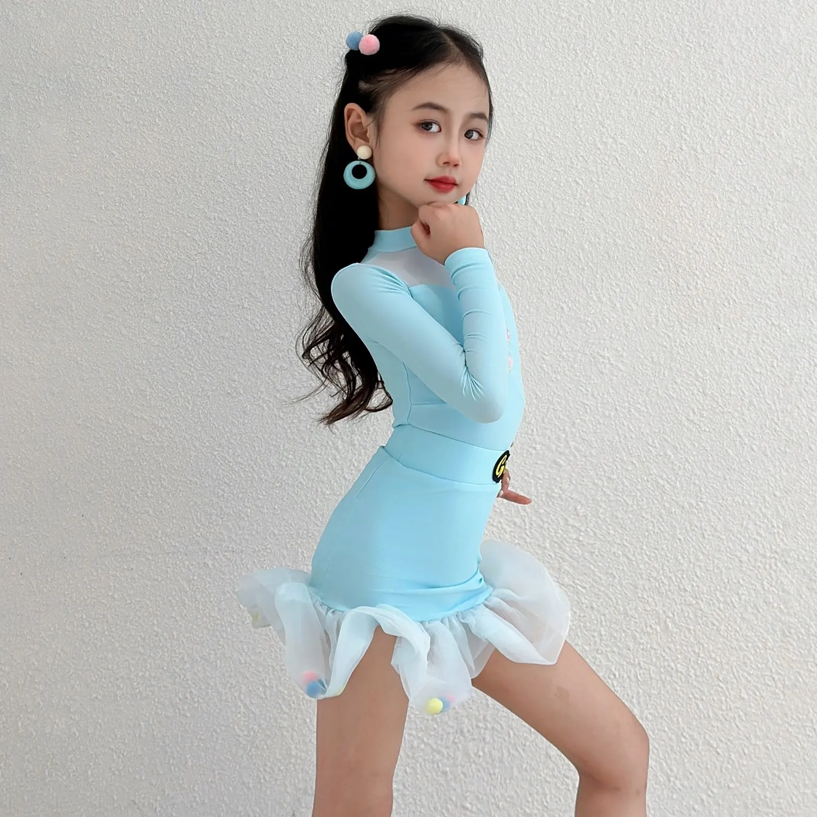 Robe de concours de danse de salon bleue pour enfants, Costume de danse latine à manches longues pour filles, vêtements d'entraînement de danse pour enfants SL13881
