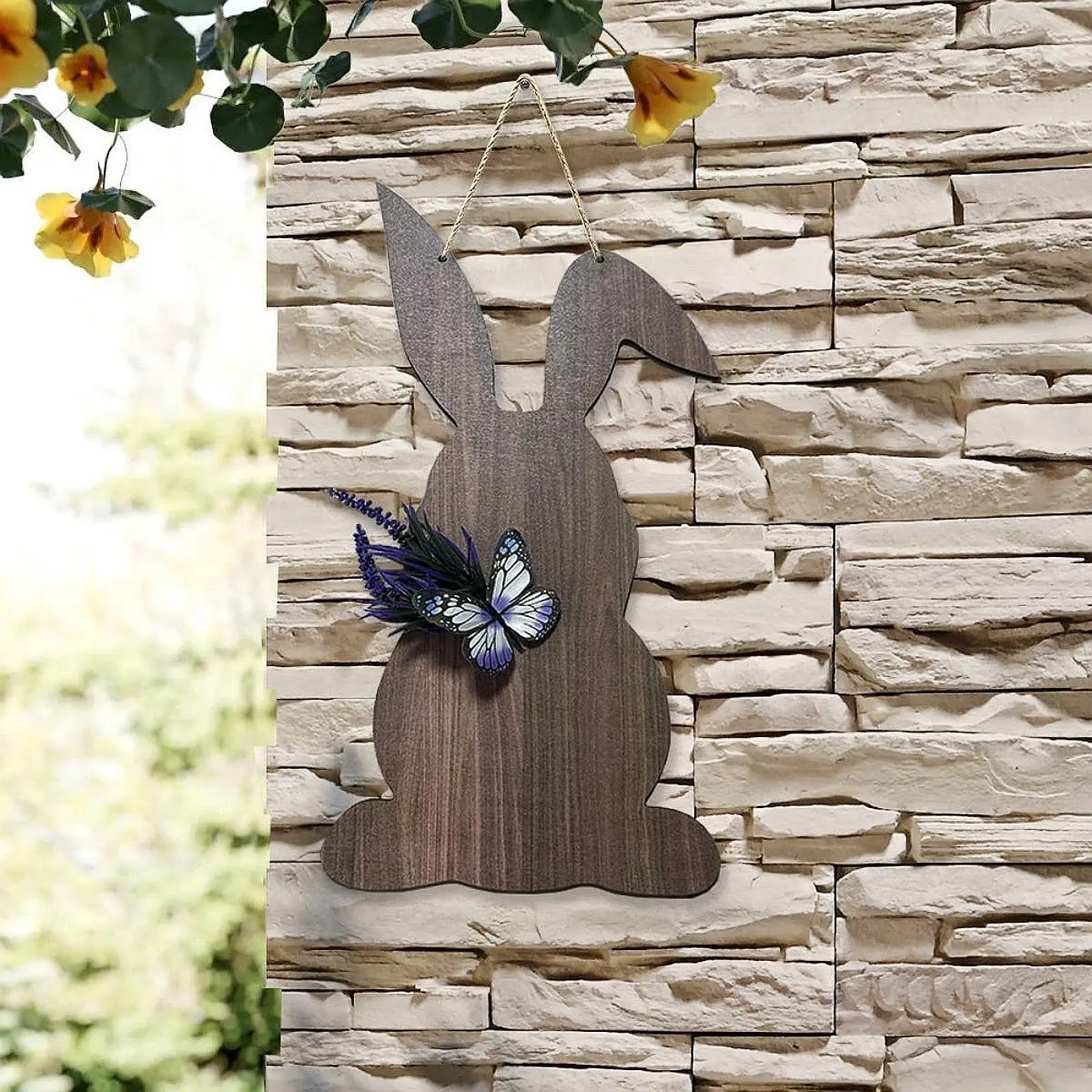 Conejo de Pascua, letrero de madera para puerta delantera, decoración rústica para el hogar, forma ligera de conejo