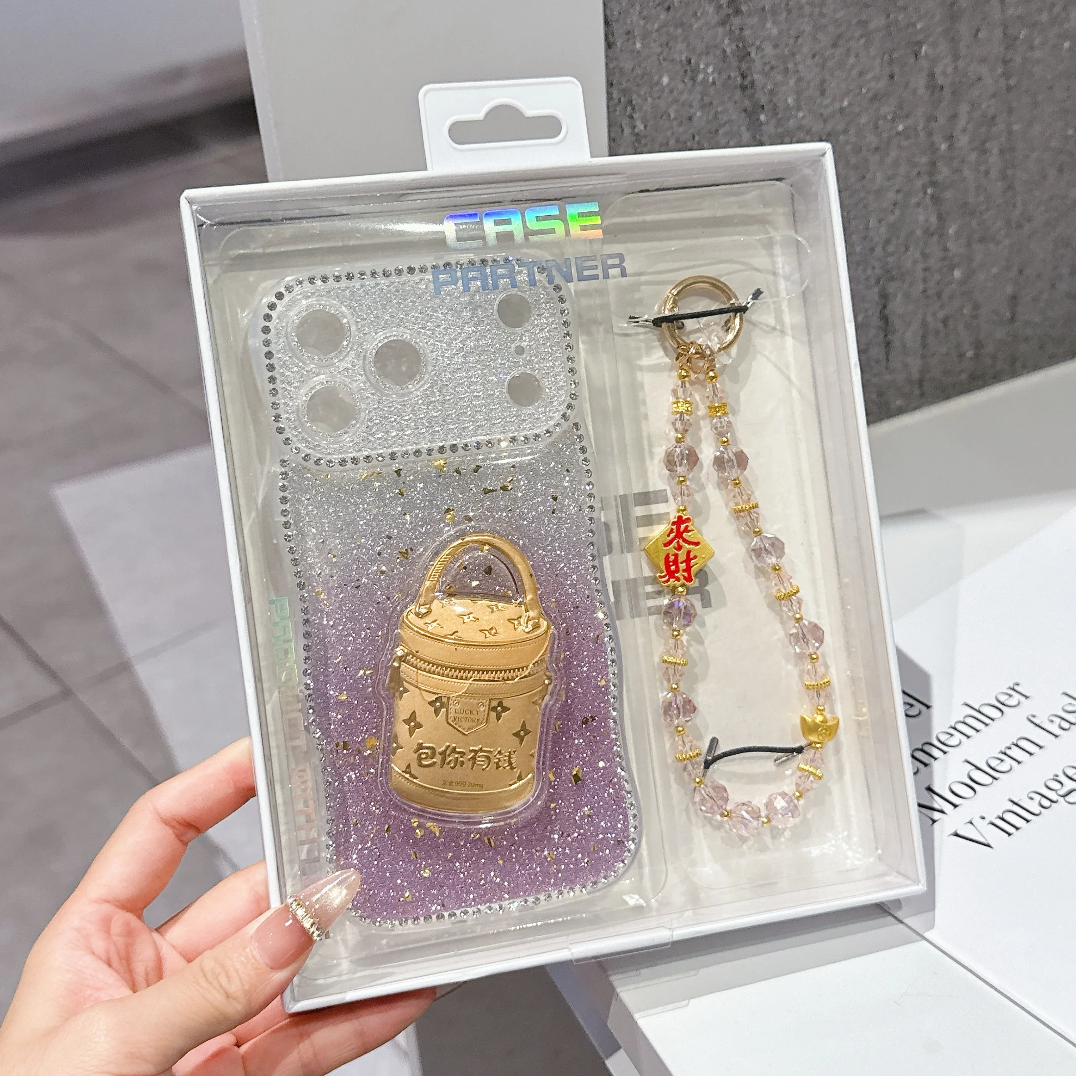 

Luxury 3D Gold Foil Lucky Bag Phone Case For Iphone 17 Pro Max 16 15 14 13 Transparent Shockproof Cover Lanyard Strap Gift Box