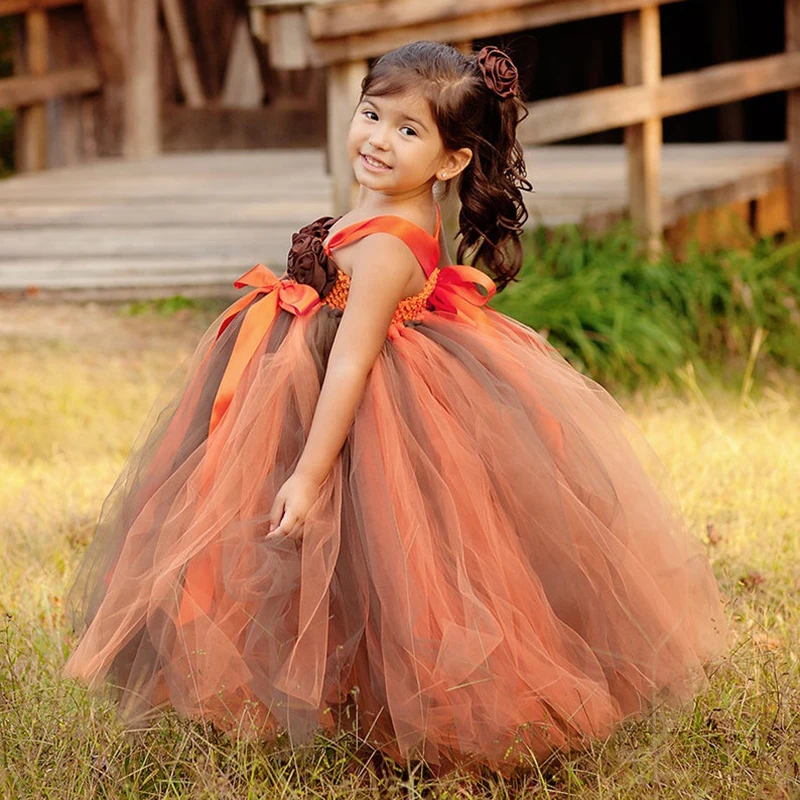 Girls Halloween Tutu Dress Kids Orange Coffee Tulle Dress Ball Gown with Flower Headband Children Birthday Party Costume Dresses