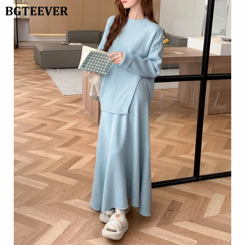 BGTEEVER Casual Warm Loose Women 2 Pieces Knitted Outfits O-neck Side Split Pullovers Sweaters & High Waist A-line Skirts