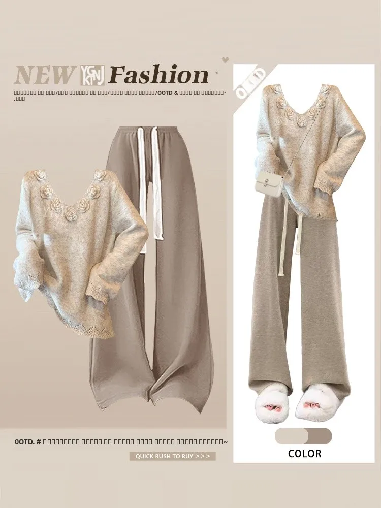

Stylish V-Neck Knitted Sweater with 3D Flower Design Loose Casual Wide Leg Pants Autumn Fashion Women's Two-Piece Set