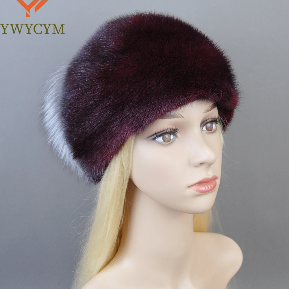 

Women Winter Real Mink Fur Hats Russian Female Fur Hat With Ears Knit Beanie With Pom Poms Newsboy Caps Ladies High Elastic Hat