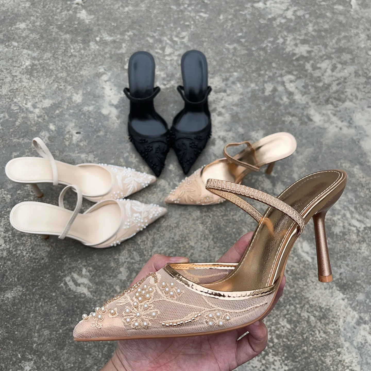 

Summer 2026 French Pearl Beaded Mesh Hollow Sandals Pointed Toe Stiletto Heel Mules Shoes Dress Party Women's Shoes Large Size 4