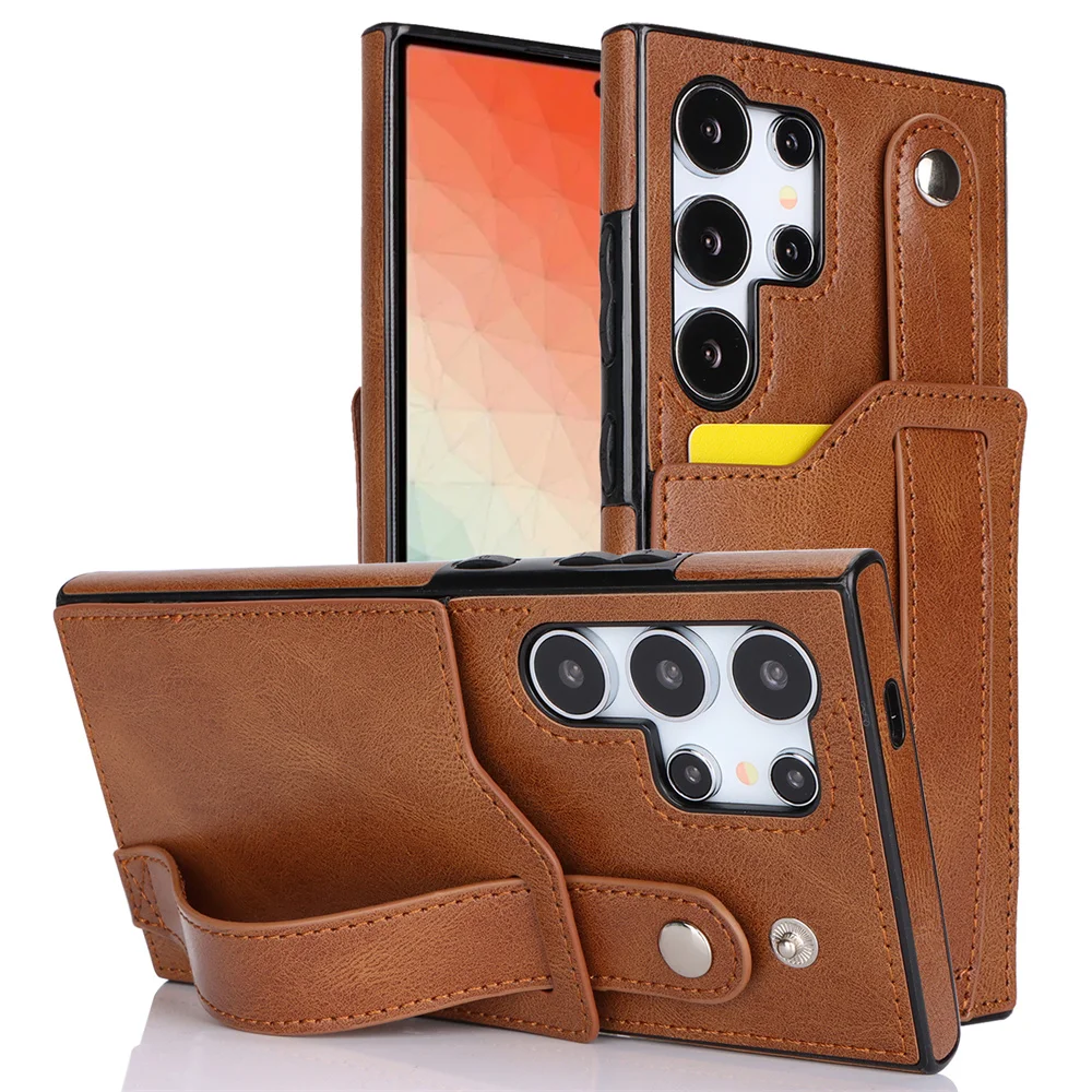 Portable Wristband Leather Case for Galaxy S25 Ultra S20 S22 S24 Plus S21 S23 FE S25 Edge RFID Blocking Card Holder Back Cover