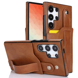 Portable Wristband Leather Case for Galaxy S25 Ultra S20 S22 S24 Plus S21 S23 FE S25 Edge RFID Blocking Card Holder Back Cover