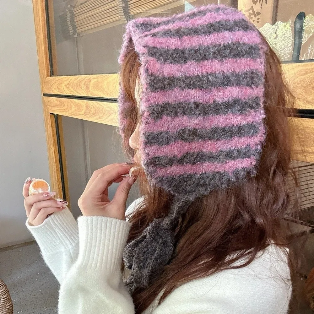 

Stripe Pattern Stripe Knitted Scarf Warm Material Ear Protection Wool Shawl Dual-Purpose Korean Style Neckband Winter Wear