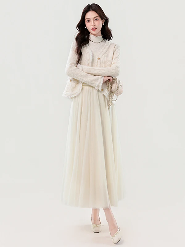 

Женский весенне-осенний комплект: сетчатый топ, верхняя одежда, юбка, стильный повседневный наряд, шикарный образ