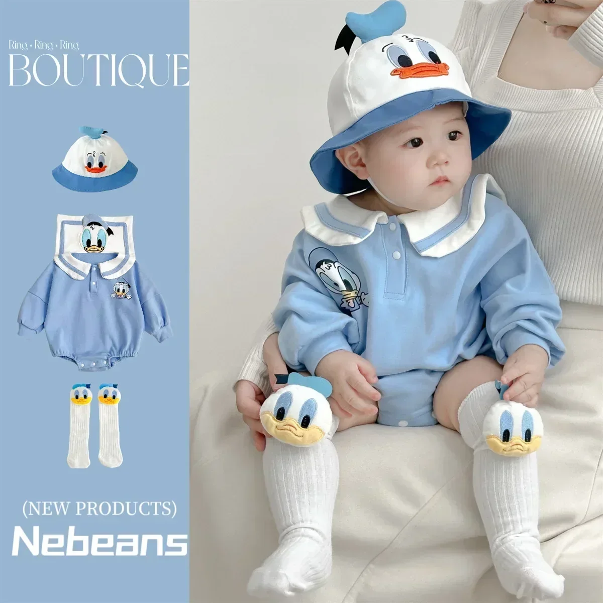 

Newborn Baby Boys Long Sleeve Romper + Hat + Sock 3pcs Clothes Set Cartoon Donald Daisy Duck Girls Jumpsuit Bodysuit Infant 0-2T