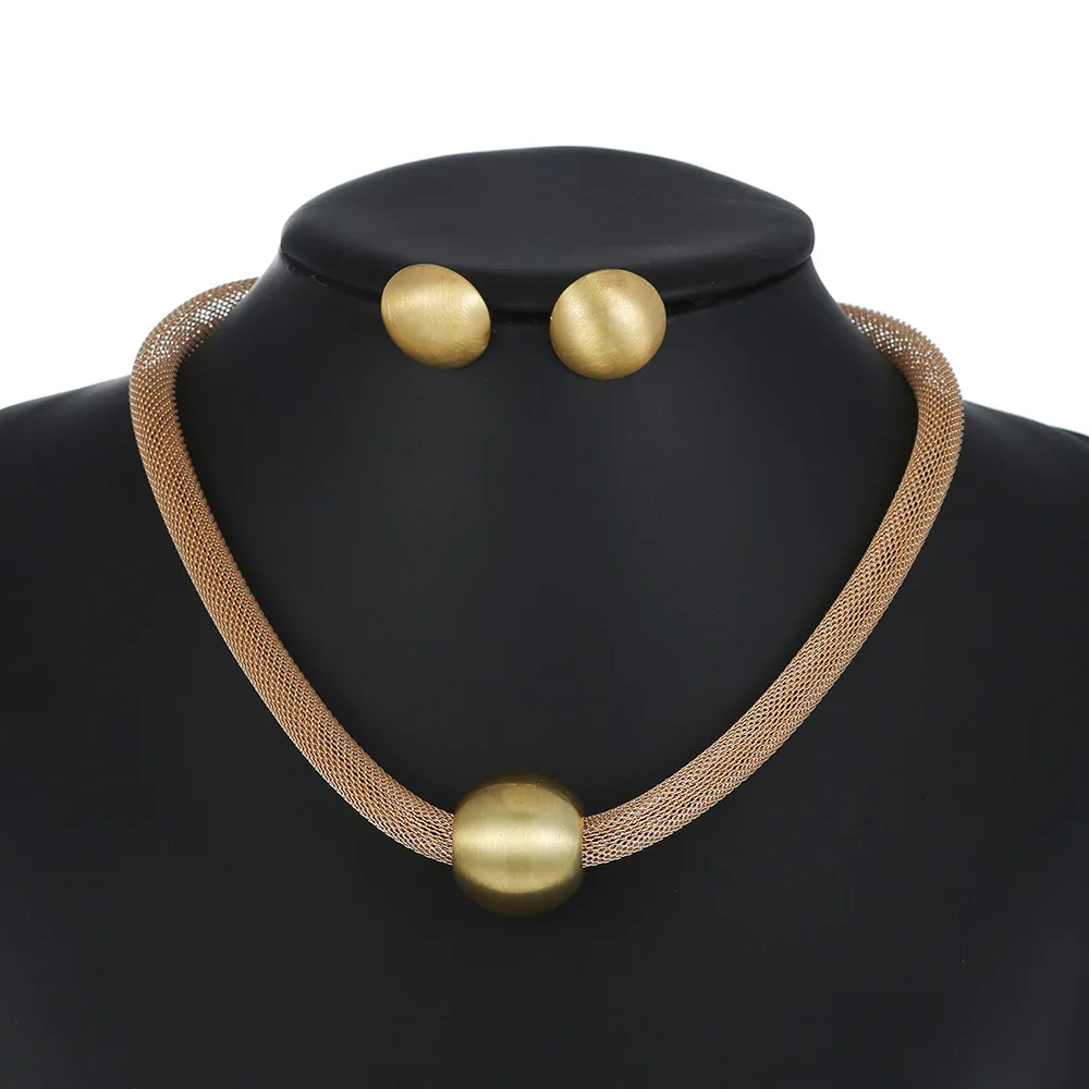 European and American simple network management chain hanging aluminum beads necklace stud earrings set collarbone chain cross-b