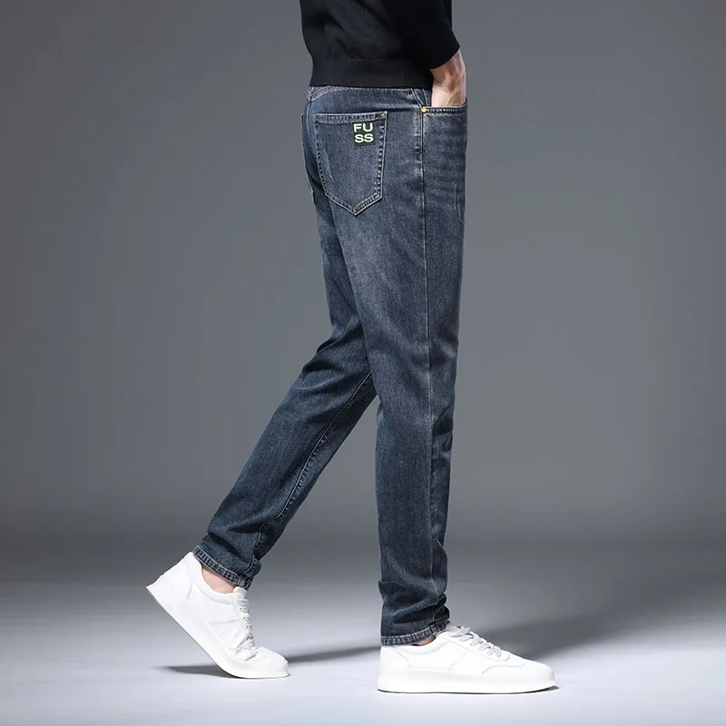 Autumn Men's Vintage Stretch Jeans Light Blue Cotton Small Straight Business Korea Denim Pants Male Brand Plus Size 28-40