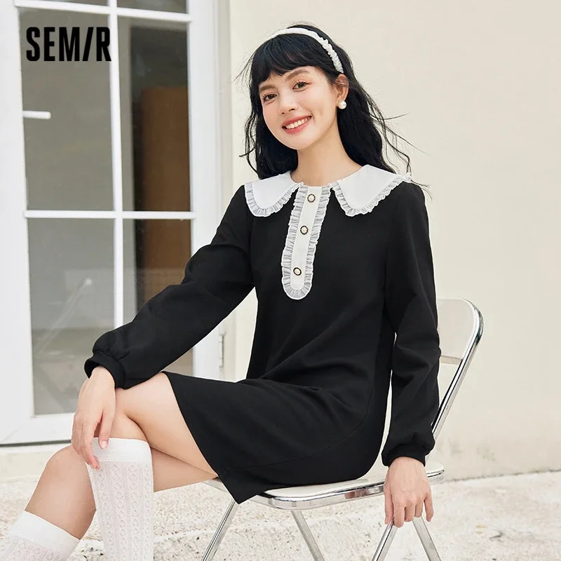 

Semir 2023 Women Dress Sweet Long-sleeved Knitted Straight Stitching Color Contrast Lapel Little Black Dress for Women