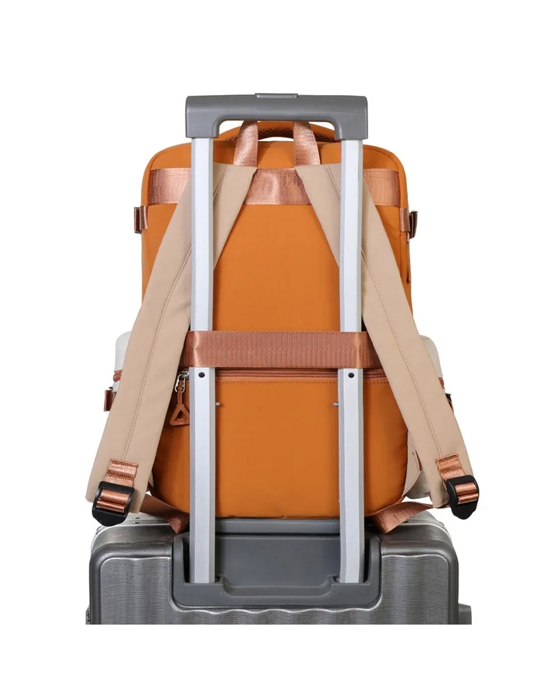 Orange and beige two tone travel laptop backpack with triangle zipper pulls water resistant fabric suitable for business trips