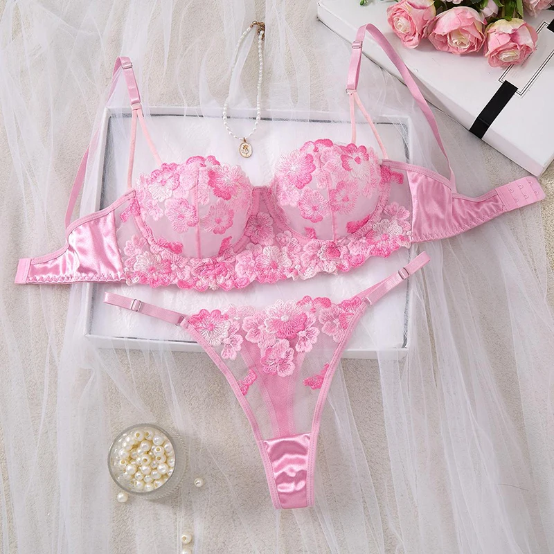 

Sexy Lingerie Floral Embroidery Romantic Women Underwear Steel Rings Bra Panty Set Three-Point Sexy Set Luxury Intimate Lingerie