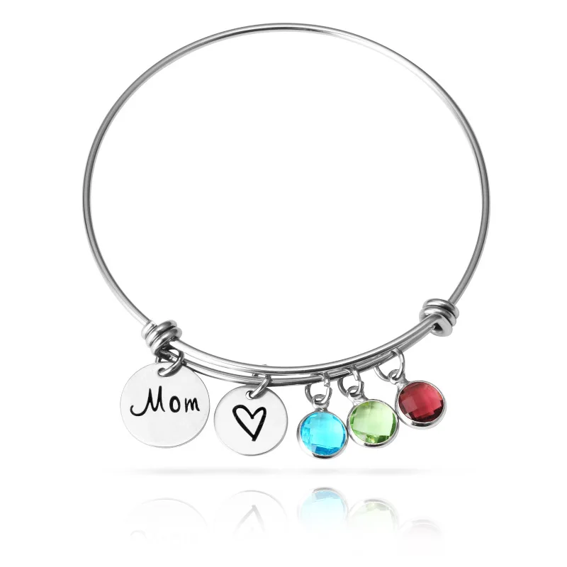 Brazalete personalizado con grabado de corazón de mamá, pulsera de dijes redondos de acero inoxidable con 12 Piedras de nacimiento, nombres personalizados, regalo para el día de la madre