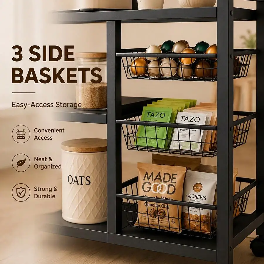 1pc Mobile Storage Rack, Adjustable 4-Tier Kitchen Shelving Unit With 3 Wire Baskets, Kitchen Storage Organizer, Wheeled Metal Shelf, Suitable For Garage, Pantry, Bathroom And Closet, Perfect Warm Housewarming Gift For New Homes view 3