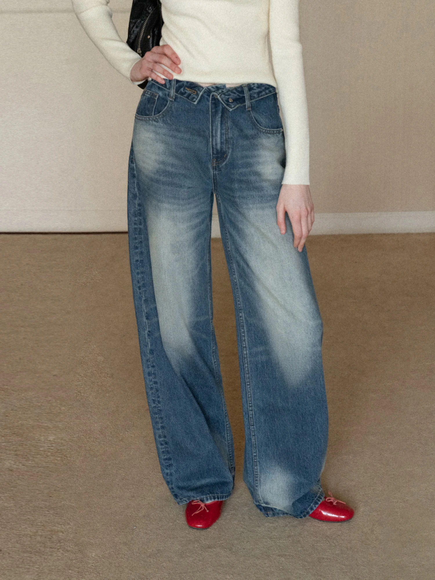 High Waist Wide Leg Casual Straight Cut Jeans American Retro Flip  Waist Head Jeans for Women Polyester Fiber No Stretch