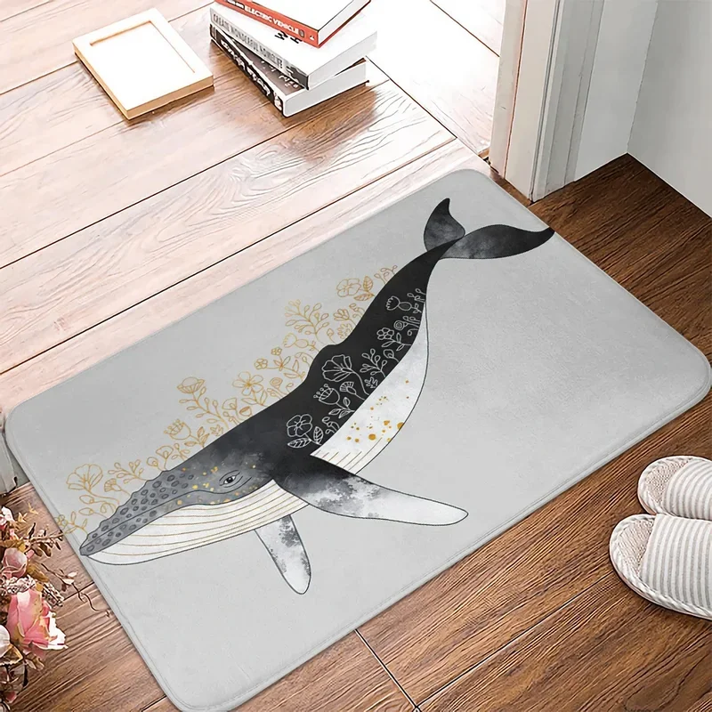 Underwater World Doormat Cartoon Animal Fishes Bathroom Mat Dolphin Whale Non-Slip Rug Flannel Decor Bath Kitchen Doorway Carpet