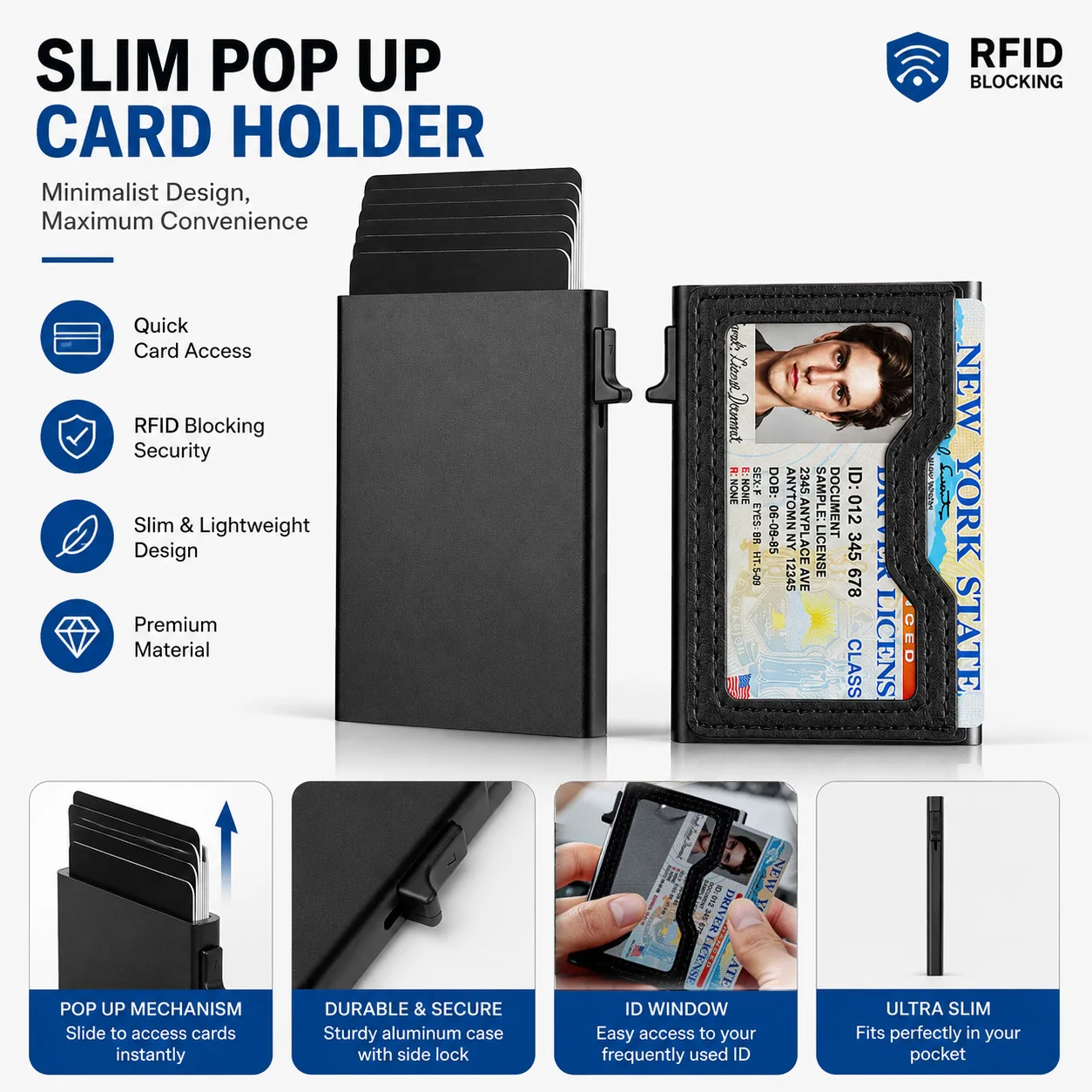 Fashion RFID Blocking Pop Up Card Holder Slim Unisex Wallet with ID Window Minimalist Credit Card Case for Men Women Daily Use