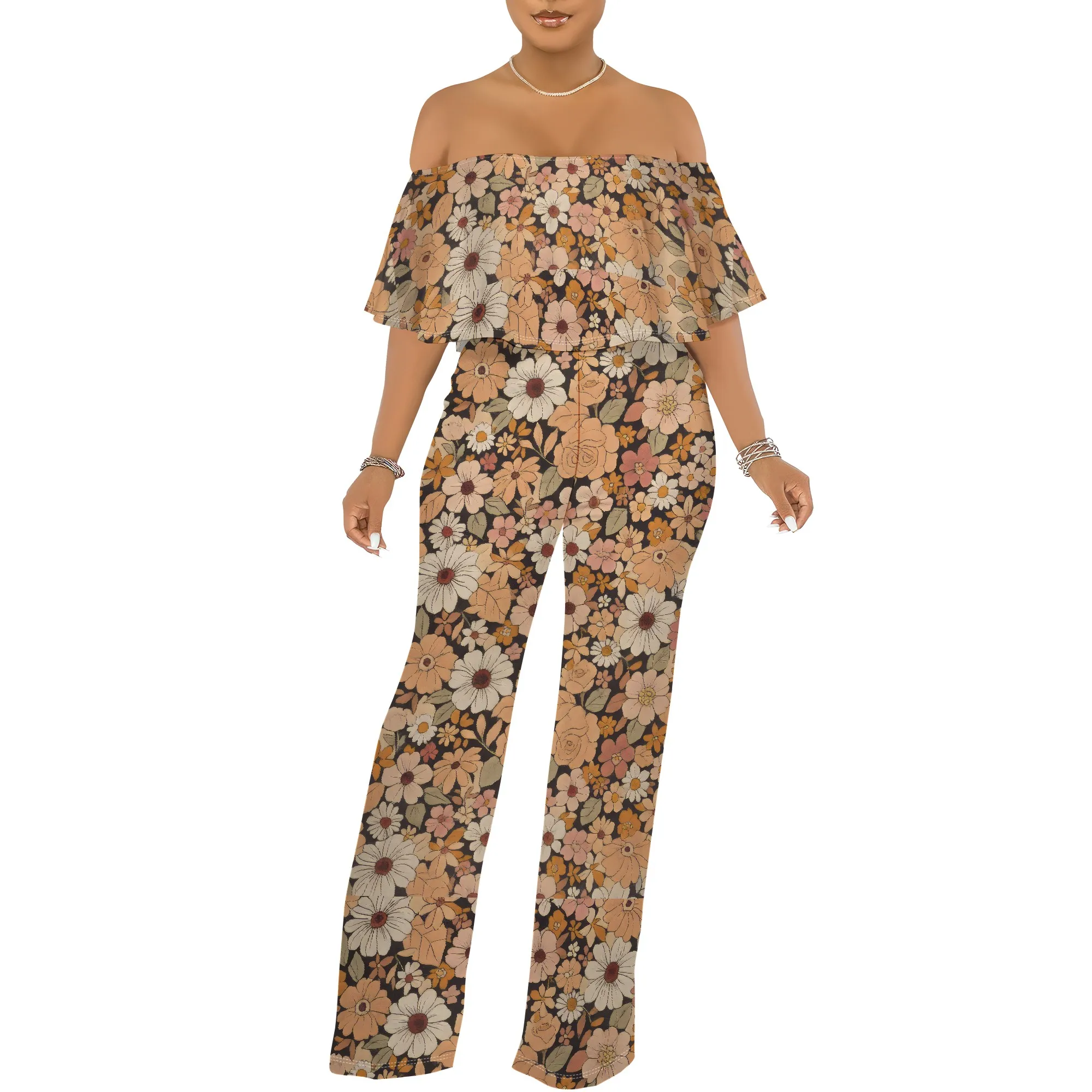 ปิดไหล่ด้านบน Ruffle ดอกไม้พิมพ์ Jumpsuits สําหรับผู้หญิงกางเกงขากว้าง Club Party ชุด Jumpsuit พร้อมกระเป๋า