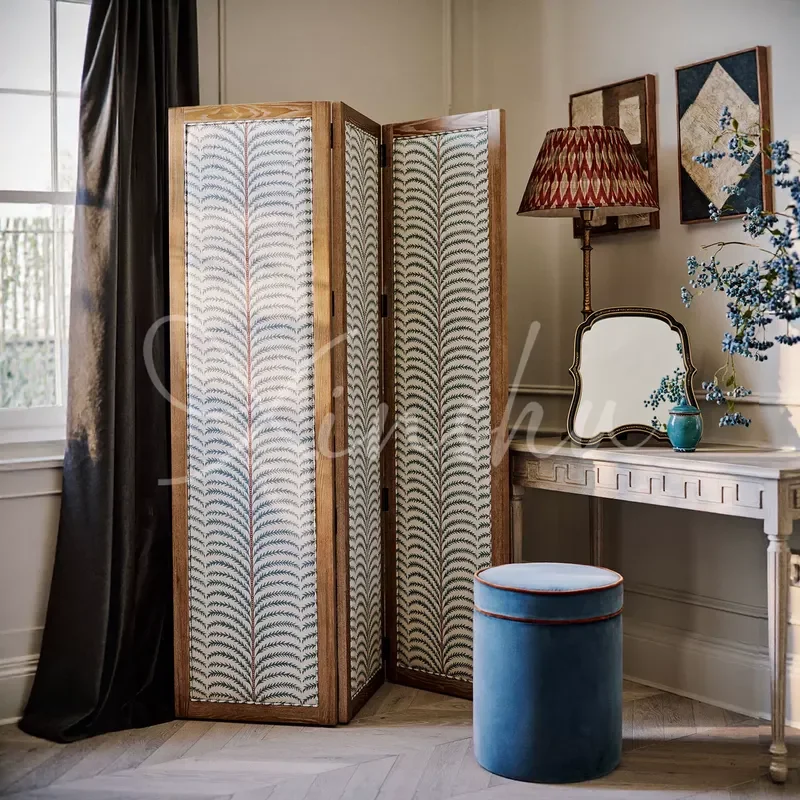Retro Solid Wood Folding Screen Room Divider Movable Partition Wall for Living Room Entryway Bedroom with Art Print Design
