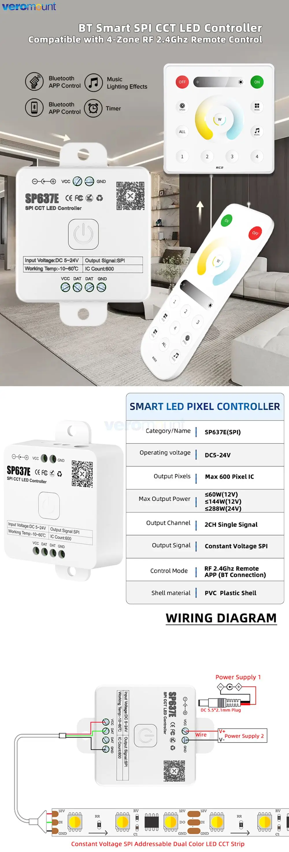 SP636E-SP639E SPI FCOB Pixels LED Controller SK6812 WS2814 RGBW WS2812B RGB Light Strip Bluetooth Music IOS Android 2.4G 5V-24V