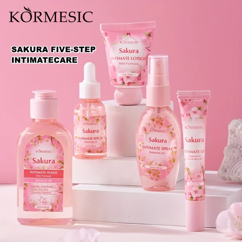 Sakura Women's Intimate Care 5-Piece Set, Product Includes: Private Area Cleansing Liquid, Essence, Gel, Lotion, Spray, Gentle Cleansing, Balances the Environment, Long-Lasting Freshness, and a More Firm and Smooth Light Beige Color Suitable for All Skin Types. Women's Gifts, Intimate Health, Feminine Hygiene, Fashion Essentials, Beauty Essentials, Care, Gentle Formulas, Hygiene Essentials, Intimate Cleansing, Self-Care Gifts