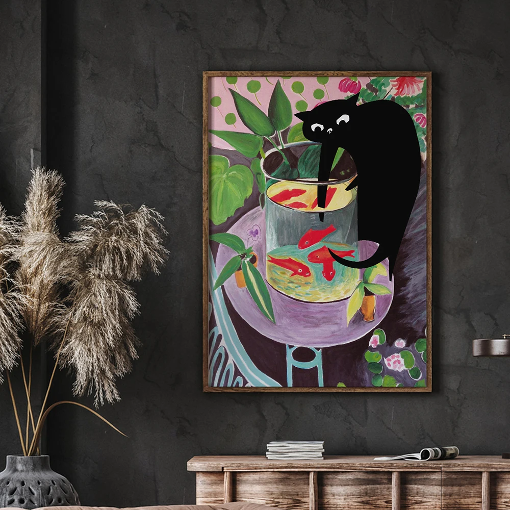 Funny Altered Art Matisse Goldfish With Black Cat Canvas Painting Funny Posters And Prints Wall Pictures For Living Room Decor