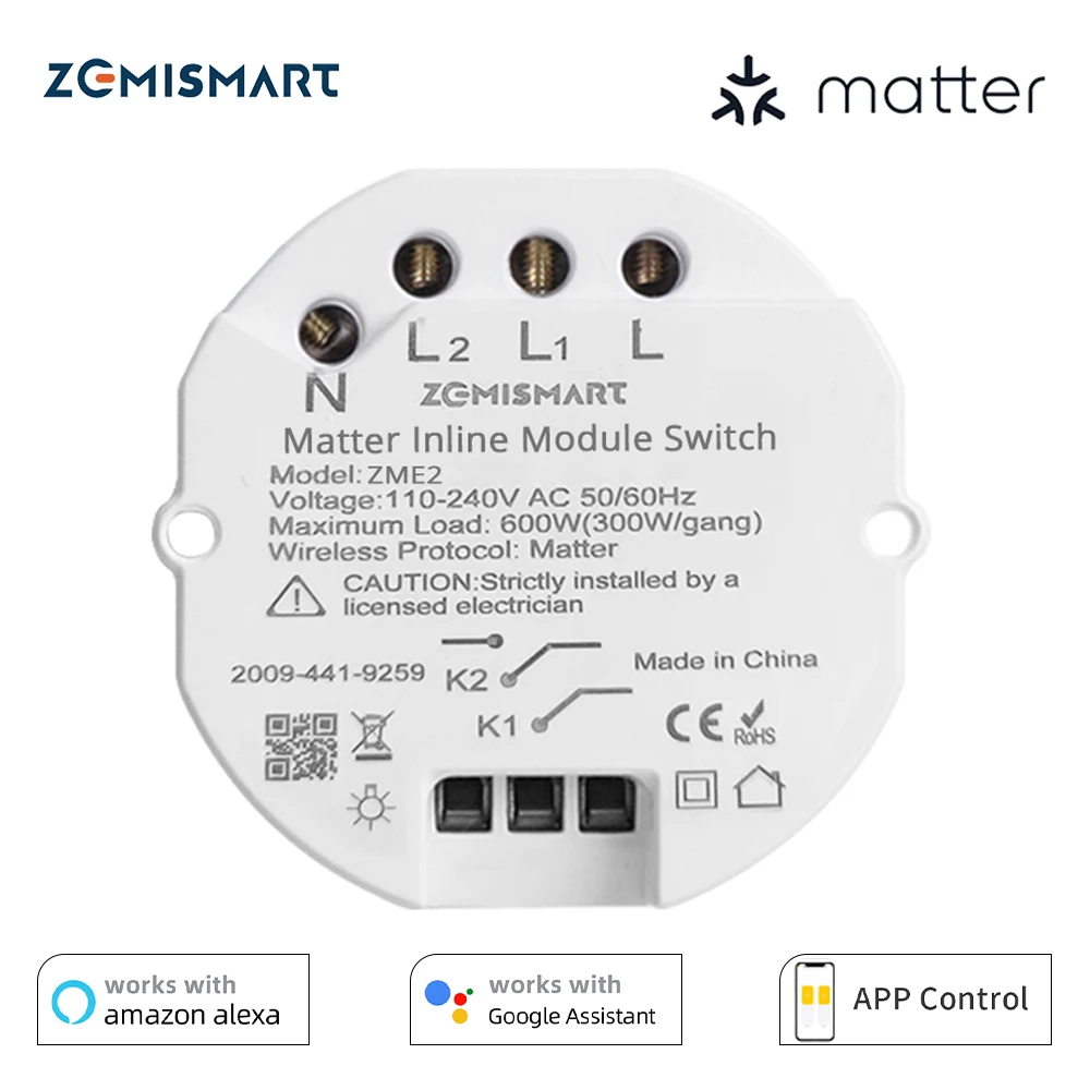 Zemismart Matter Over WiFi Smart Inline Module Switch 2 Gang Light Relay Switch Google Home Smartthings Homekit App Control