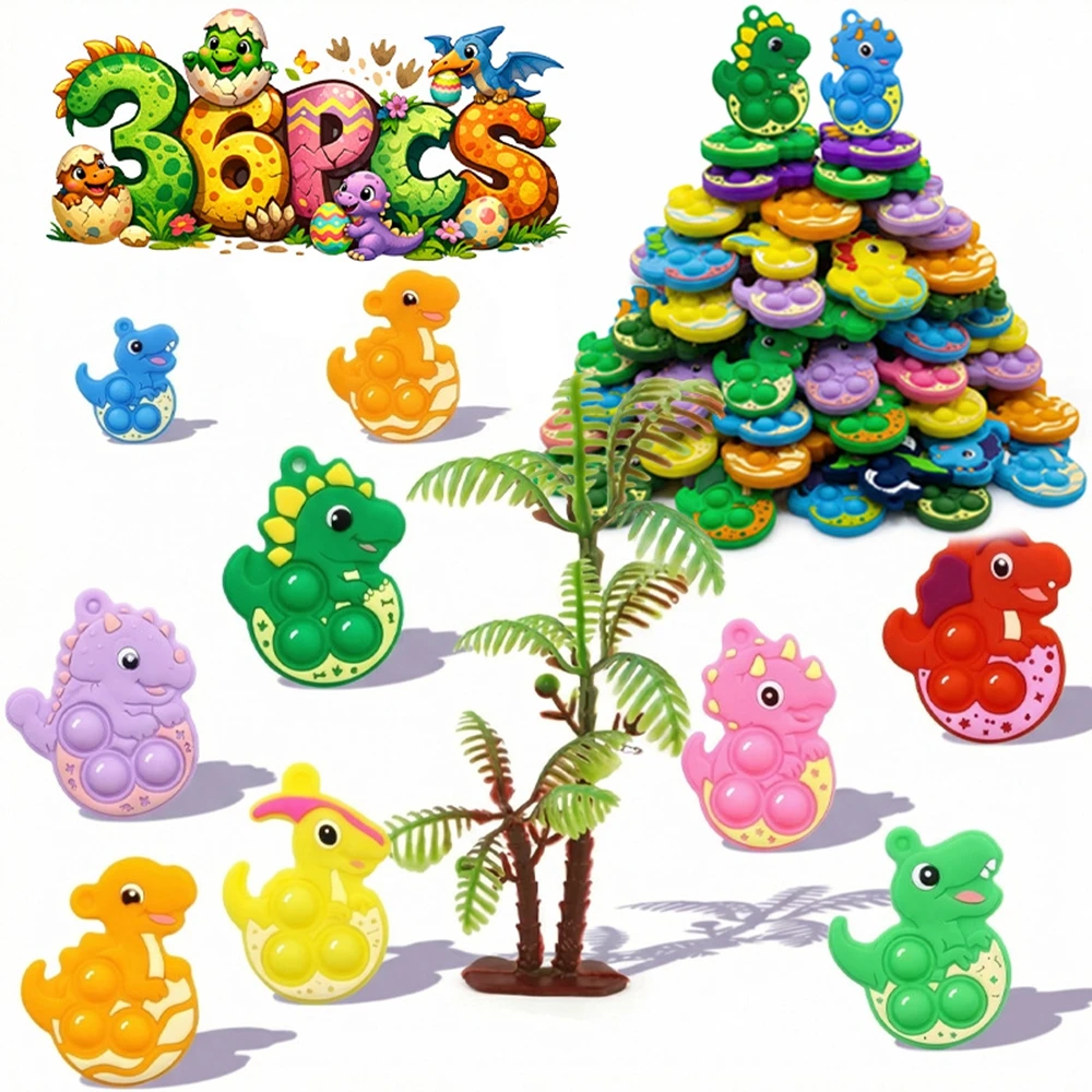 36PCS Dinosaur Pop Fidget Toys Colorful Random Keychain Sensory Toys Basket Stuffers Fill Easter Birthday Party Favors Prizes
