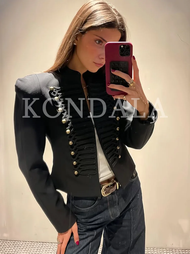 KONDALA Women Vintage Elegant Napoleon Jacket 2026 New Trends Spring Dinner Slim Jacket Lady Chic Classic Shoulder Padded Jacket