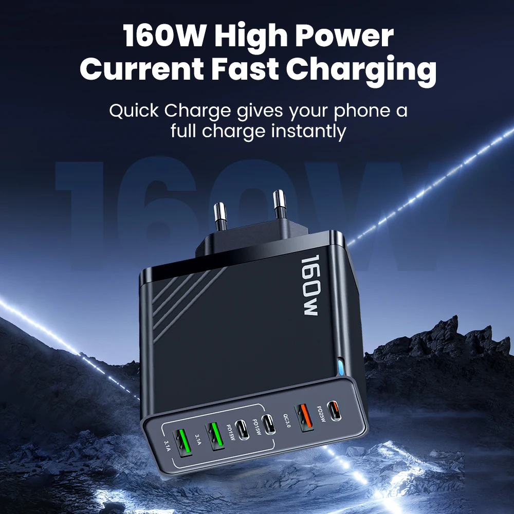 Elough 160w 3 Type C + 3 USB 6 Ports Charge rapide chargeur de téléphone portable QC 3.0 Super adaptateur de Charge pour POCO Oneplus Samsung Huawei