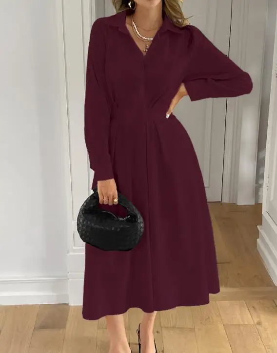 

Autumn New Style Women's Fashionable Slim Fit Commuting Shirt Dress Slim Fit High Waisted Lapel Button Long Sleeved Dress