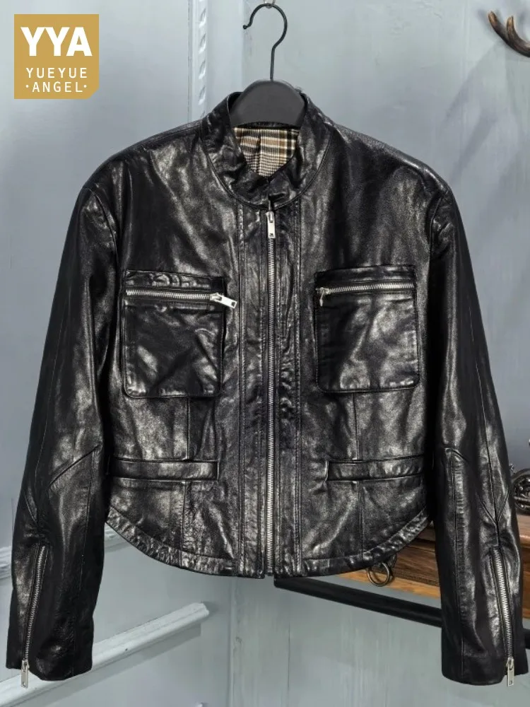 Giacca da motociclista in vera pelle da donna punk Colletto alla coreana primaverile Cappotto corto in pelle di pecora Manica lunga Streetwear Capispalla femminile