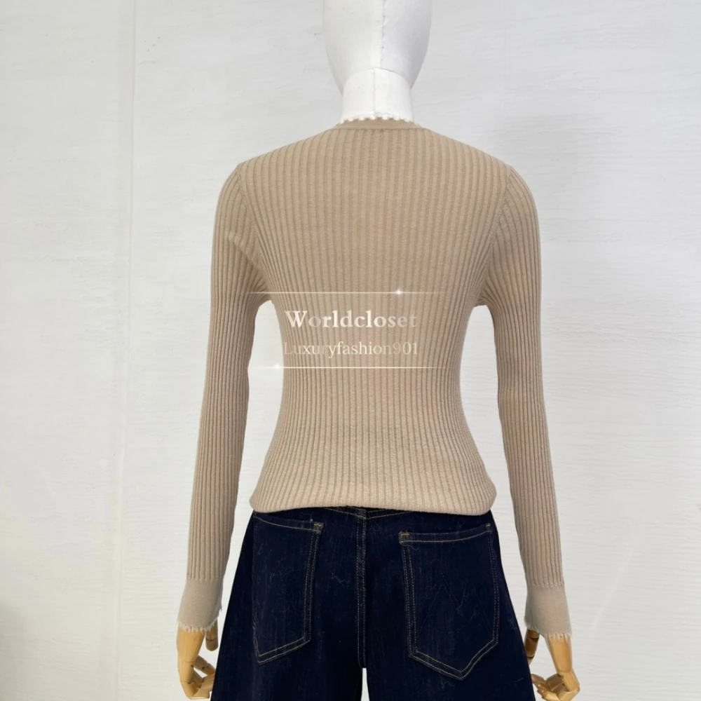 سترة صوفية نحيفة بأكمام طويلة بنية عالية الجودة