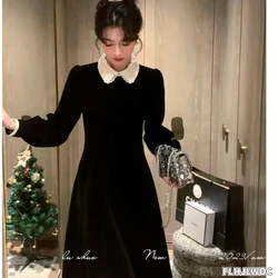 Black Velvet Dresses New Design French Style Women Fashion Long Sleeve Elegant Ruffles Lace Beaded Pearl Dress Feminine Vestidos