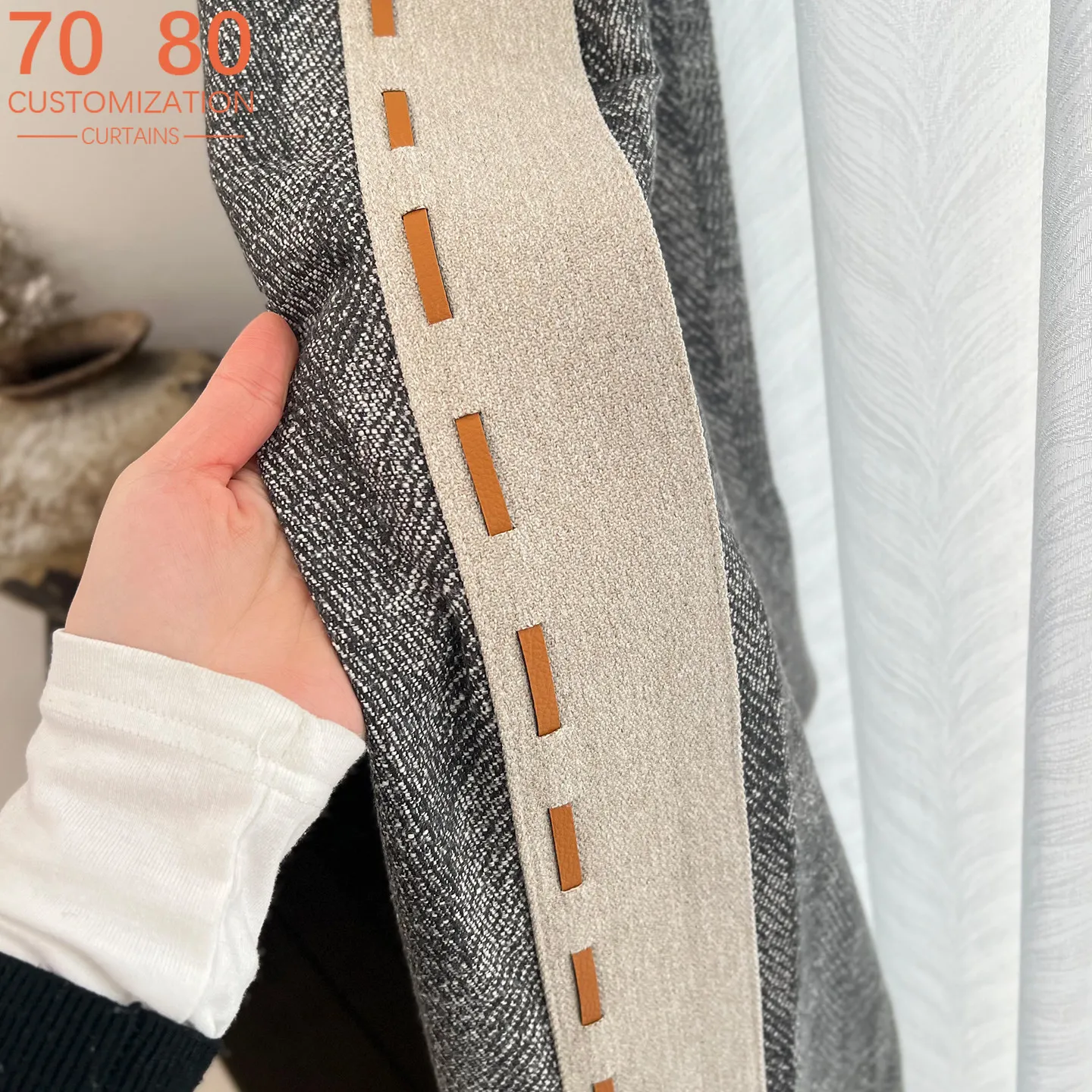 Cotton Linen Black Gray Jacquard Thickened Blackout Curtains for Living Room Bedroom Villa Customized Products