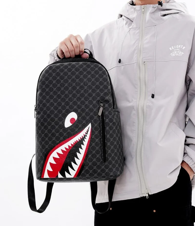 Men\'s Fashion Simple Shark Mouth Backpack Checkered Student Schoolbag Male 15 inch Computer Backpack Shoulder Bag