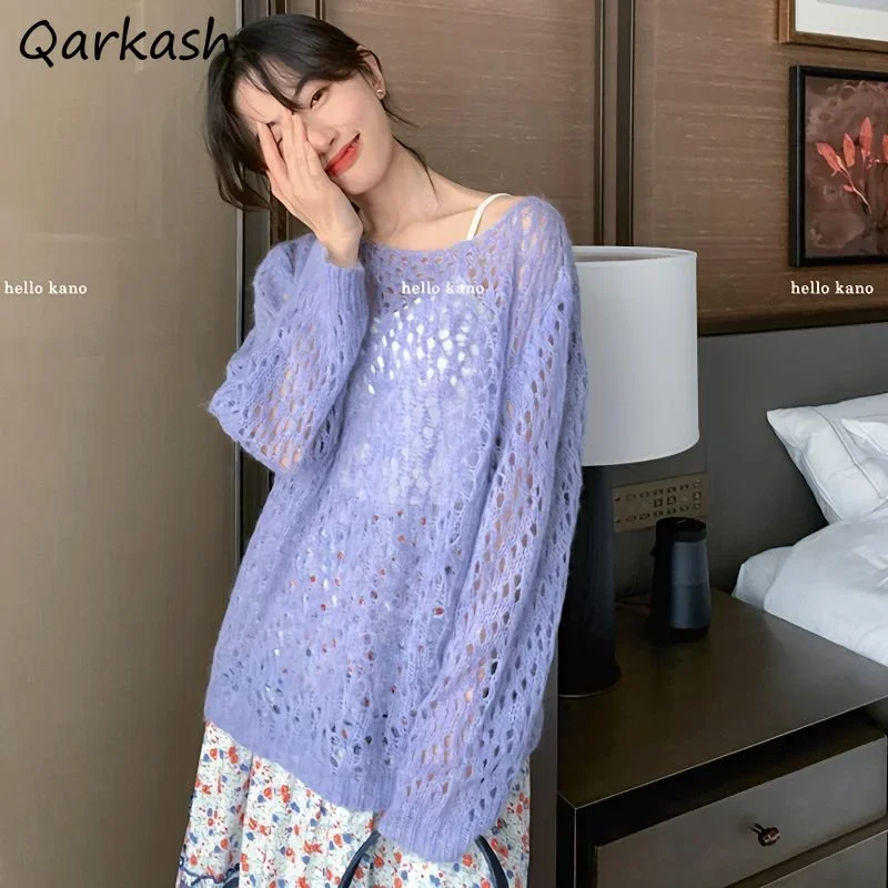 

Sun-proof Pullovers Women Hollow Out 3 Colors Long Sleeve Sweaters Elegant All-match Loose Thin Smock Ulzzang Females Knitwears