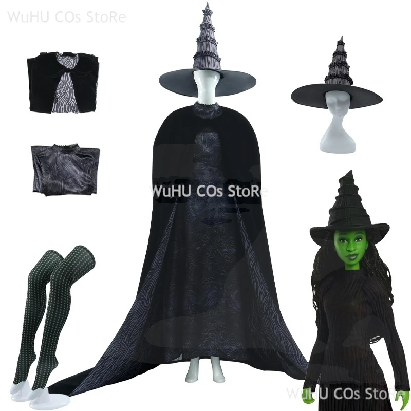 2024 New Wicked Cosplay Witches Costumes Witch's Robe Elphaba Clothes Gotic Cape Party Role-playing Black All Dress Robe Hat