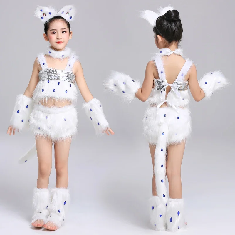 ชุดคอสเพลย์แมวสีขาวสำหรับคอสเพลย์สำหรับเด็กผู้หญิงชุดเต้นรำสัตว์เครื่องแต่งกายวันฮาโลวีนเด็กชุดคอสเพลย์สาวเซ็กซี่คอสเพลย์สาวจิ้งจอก